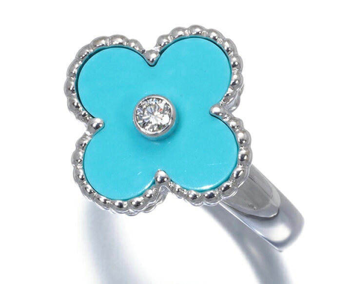 Van Cleef & Arpels VCA Diamond Turquoise Alhambra Ring Size 50/ 5