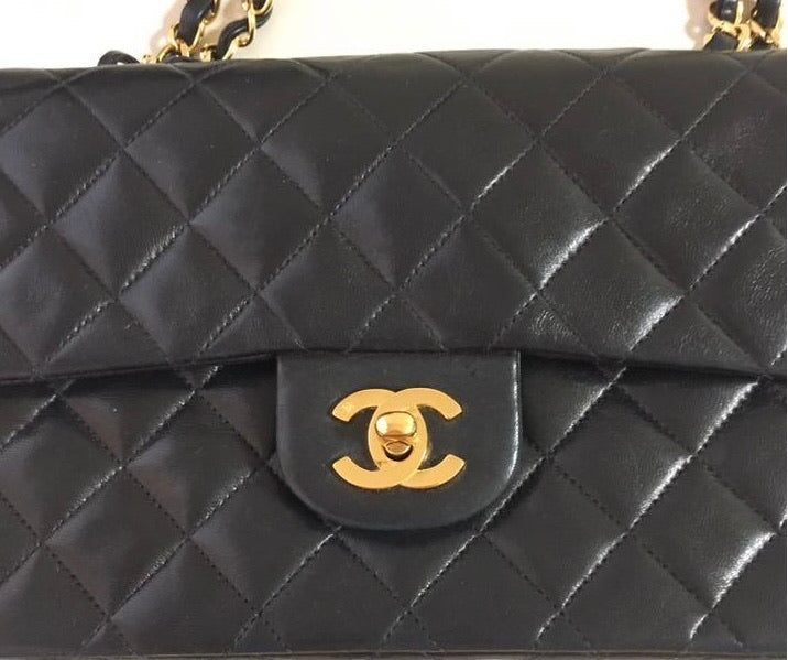 CHANEL Black Lambskin 24KT Gold Hardware 25 Quilted Leather Handbag / Crossbody