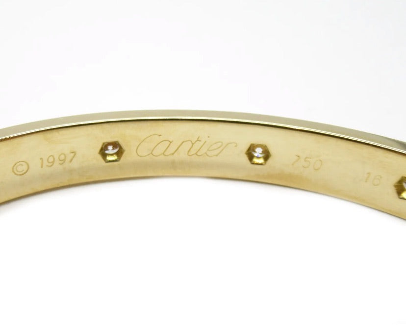 Cartier 10 Diamond 18KT Yellow Gold Love Bracelet Size 16, w/ Certificate