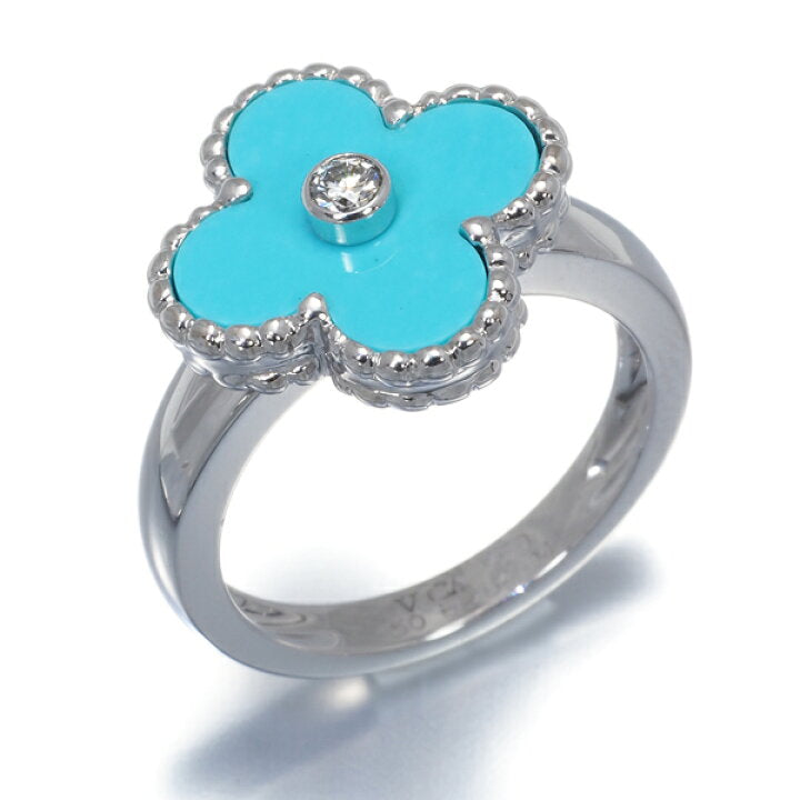 Van Cleef & Arpels VCA Diamond Turquoise Alhambra Ring Size 50/ 5