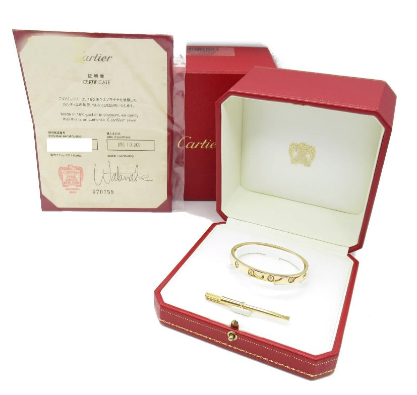 Cartier 10 Diamond 18KT Yellow Gold Love Bracelet Size 16, w/ Certificate