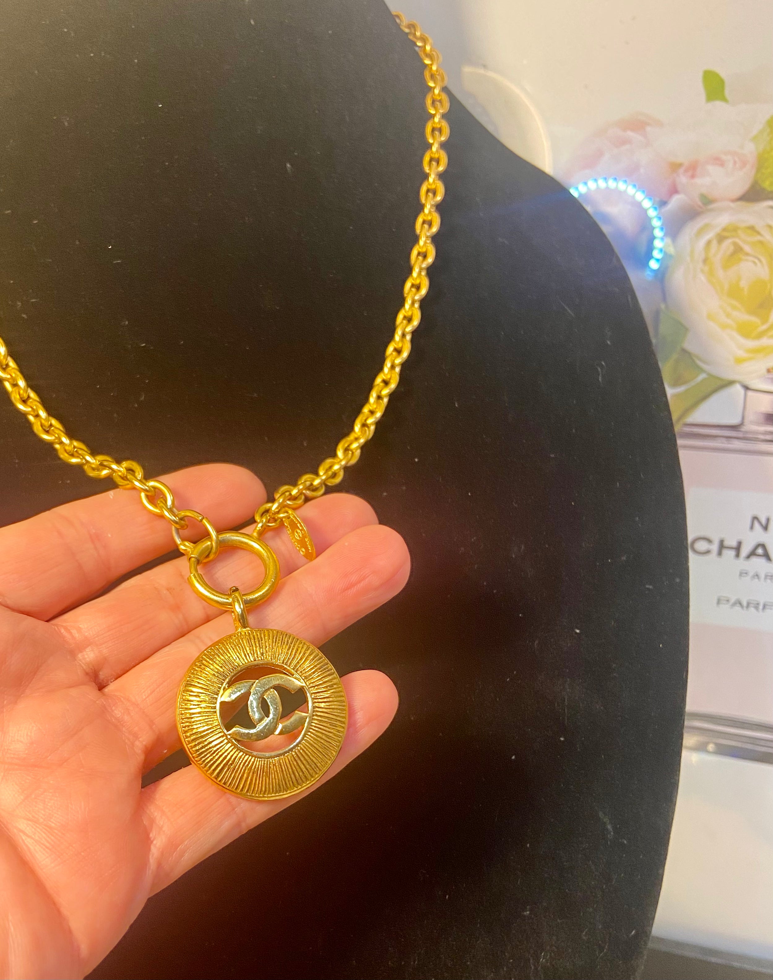 Vintage CHANEL 24Kt Gold CC Medallion Long Necklace