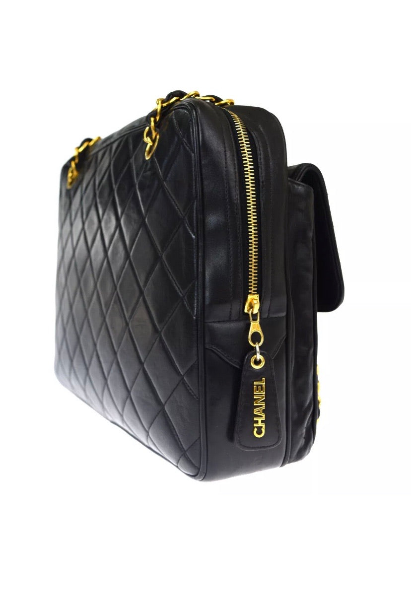 CHANEL Turn Lock Black Lambskin Tote Handbag