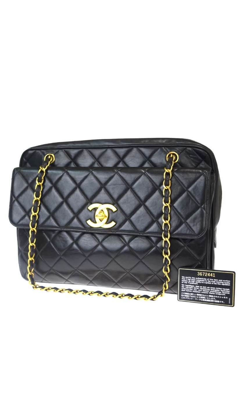 CHANEL Turn Lock Black Lambskin Tote Handbag