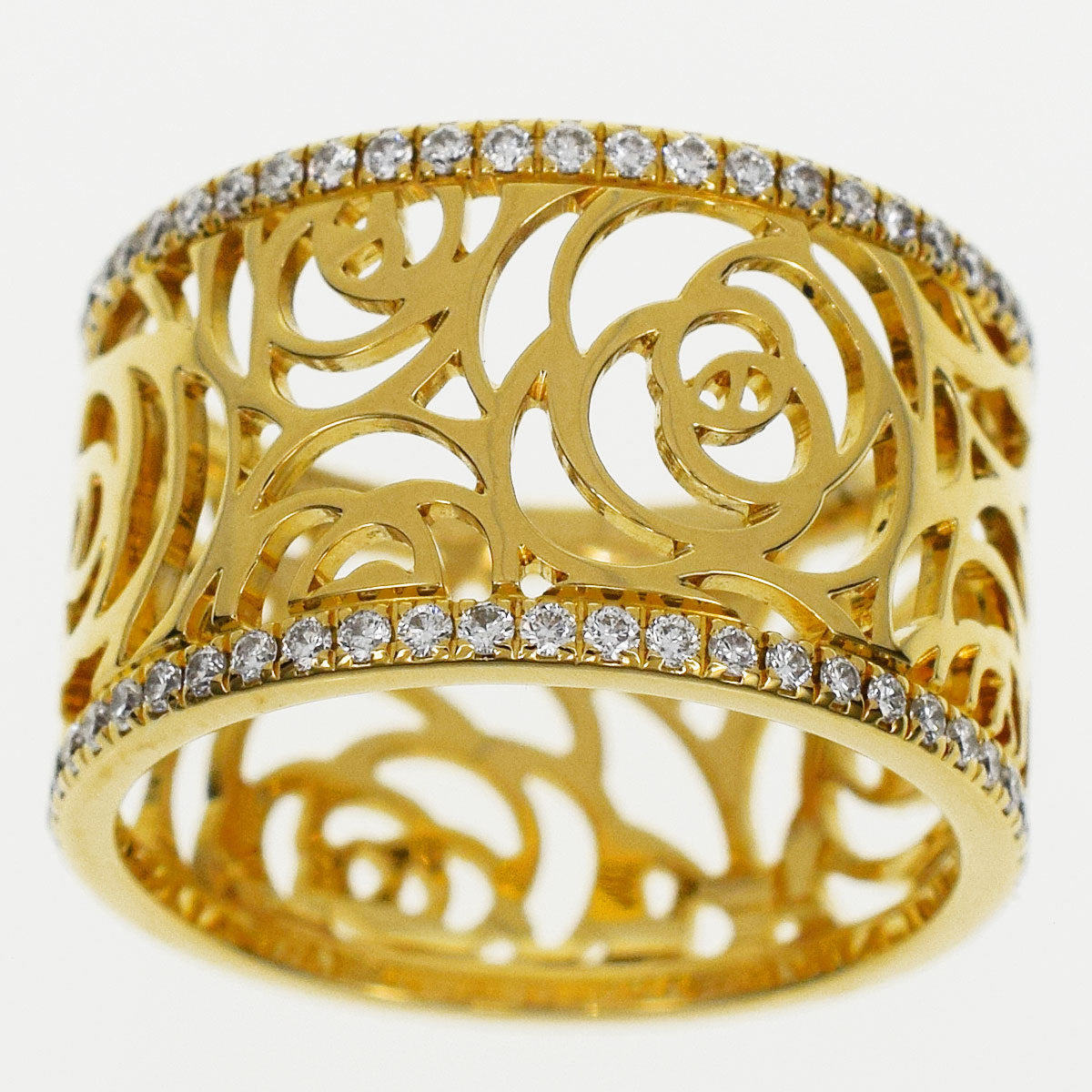 CHANEL Camellia Diamond Flowers Wide Gold Ring Size 7