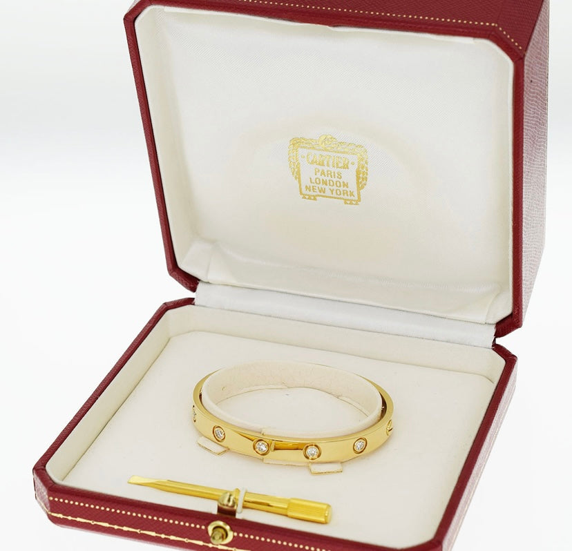 Cartier 10P Diamond 18KT Yellow Gold Love Bracelet Size 16