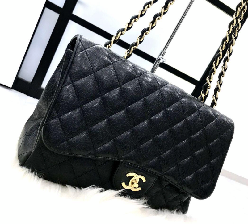 CHANEL Black Caviar Gold Hardware Jumbo Flap Bag