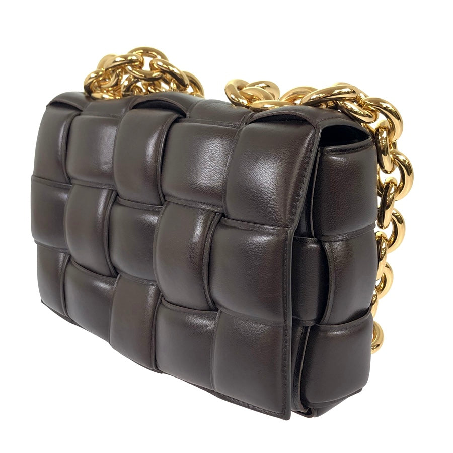 Bottega Veneta Chain Cassette Padded Interacciato Black Leather Gold Hardware Bag