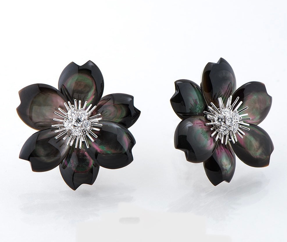 Van Cleef & Arpels Diamond & Mother of Pearl Rose de Noel Ear Clips