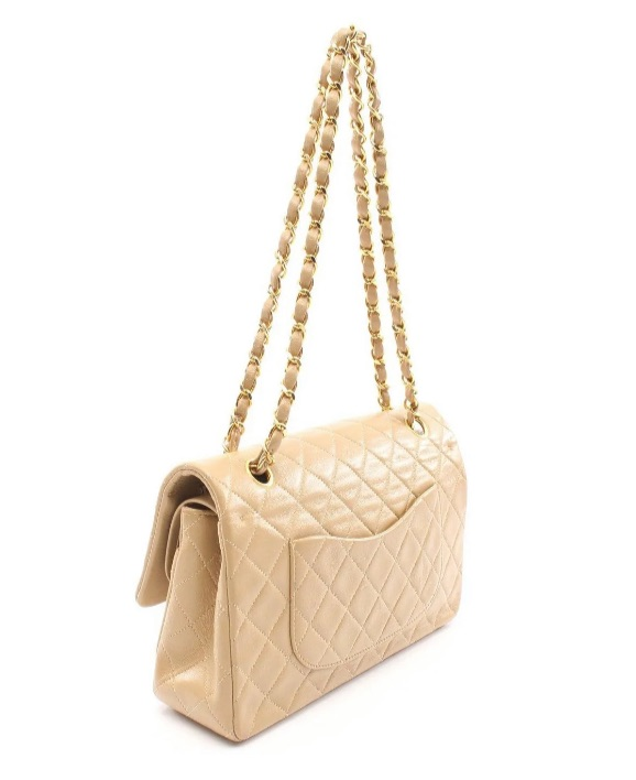 CHANEL Beige Lambskin Leather 24KT Gold Hardware Double Flap Bag