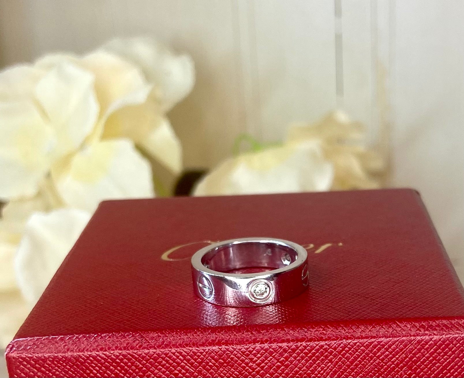 Cartier 3 Diamond 18Kt White Gold Love Ring Size 52/ US 6