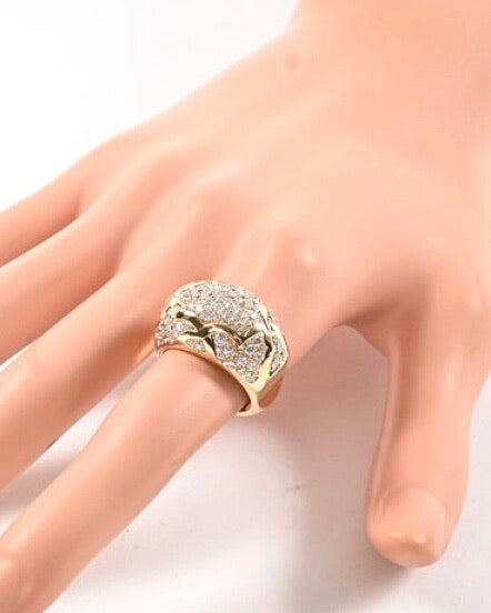 CHANEL Diamond Paved Camelia Domed 18KT Uellow Gold Ring Size  #53/ 6