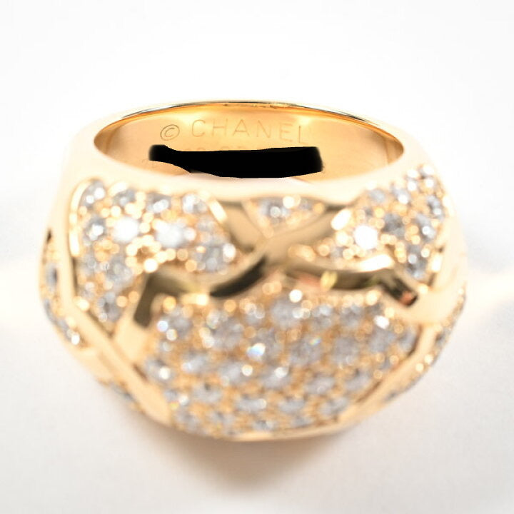 CHANEL Diamond Paved Camelia Domed 18KT Uellow Gold Ring Size  #53/ 6