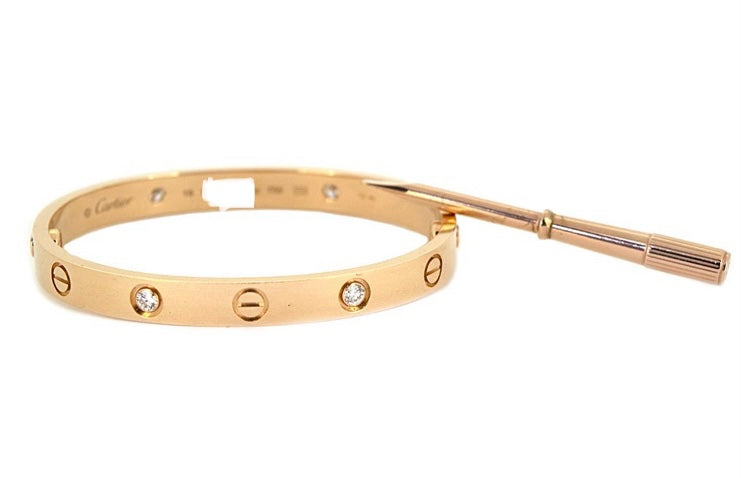 Cartier 4P Half Diamond 18KT Rose Gold Love Bracelet Size #16