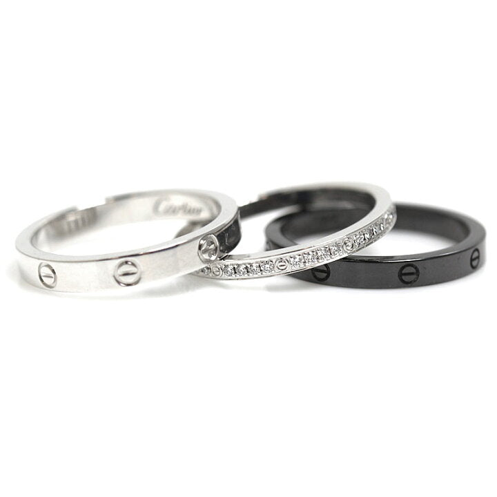 Cartier 3-Ring Black Ceramic Diamond & 18KT White Gold Love Ring Set Size 52
