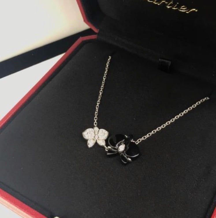 Cartier Caresse D’Orchidees Diamond & Black Onyx Flower Necklace / Pendant