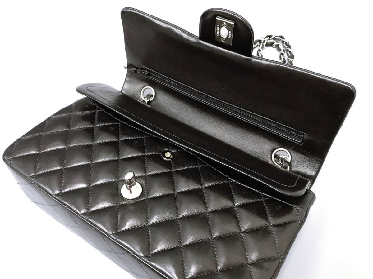 CHANEL CC Black Lambskin Double Flap Silver Hrdware Quilted Handbag