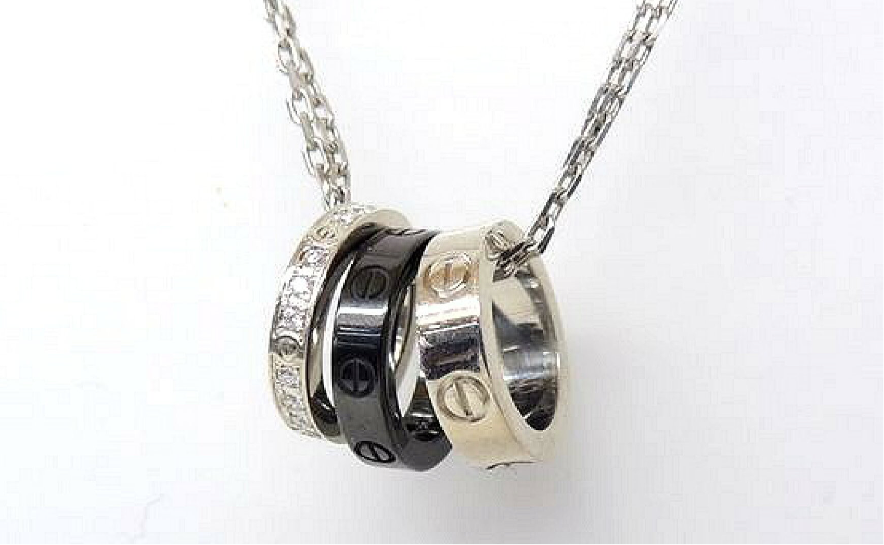 Cartier 3 Piece Diamond Ceramic White Gold Love Ring Necklace