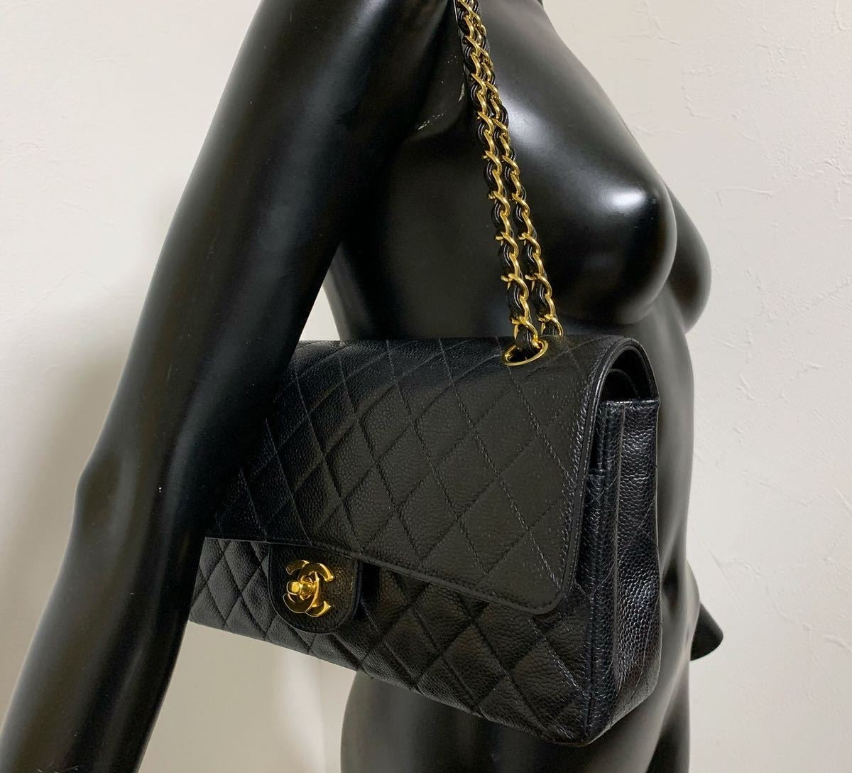 CHANEL Black Caviar Double Flap Gold Hardware Shoulder Bag