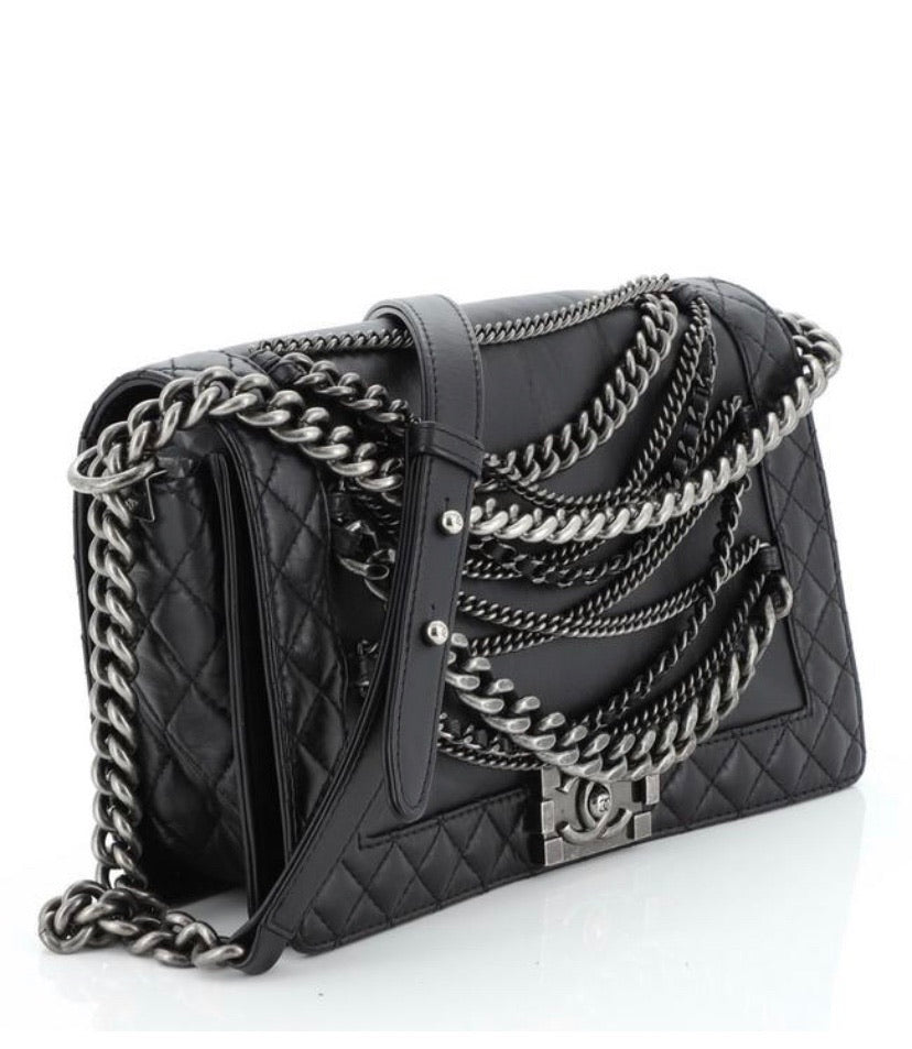 CHANEL Le Boy Chained Back Lambskin Handbag