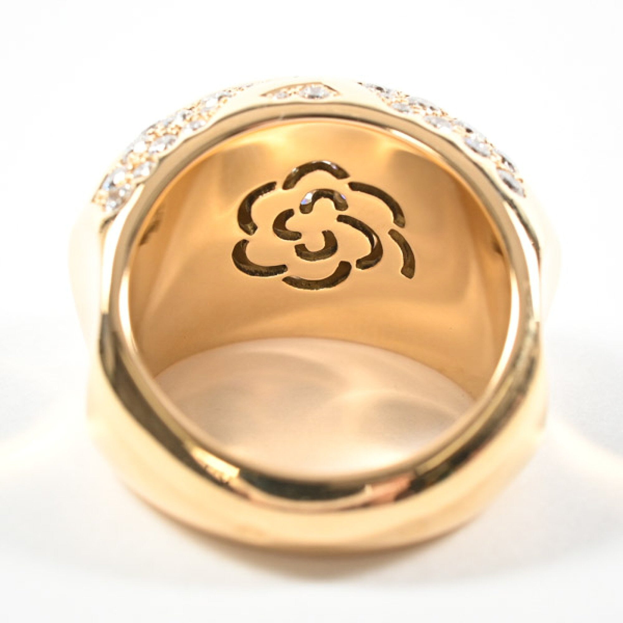 CHANEL Diamond Paved Camelia Domed 18KT Uellow Gold Ring Size  #53/ 6