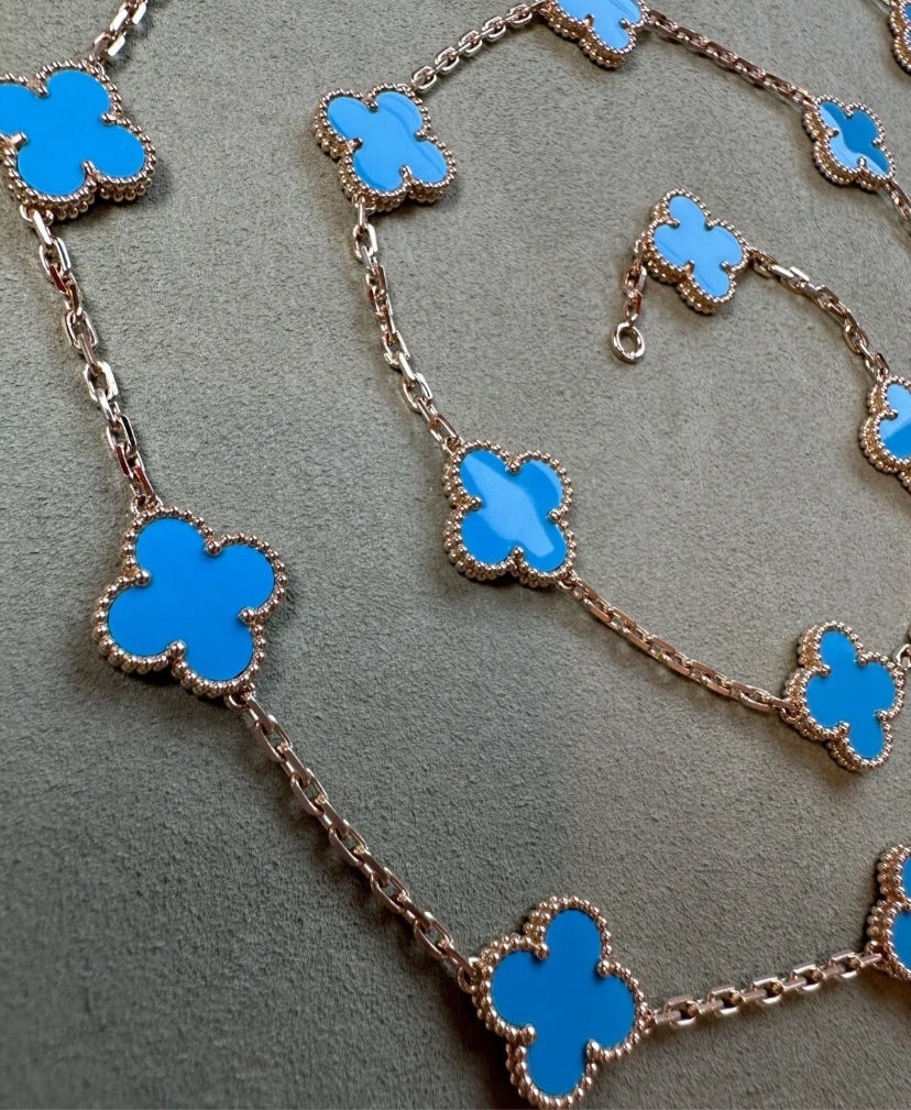Van Cleef & Arpels Turquoise 18KT Yellow Gold Vintage Alhambra 20-Motif Necklace