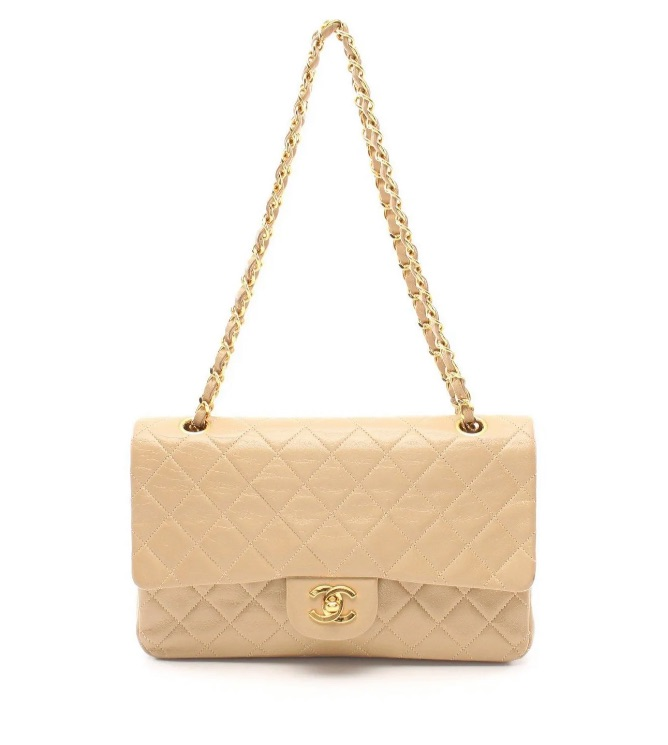 CHANEL Beige Lambskin Leather 24KT Gold Hardware Double Flap Bag