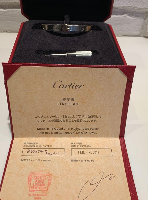 Cartier 18KT White Gold Love Bracelet, New Screw Model + Certificate