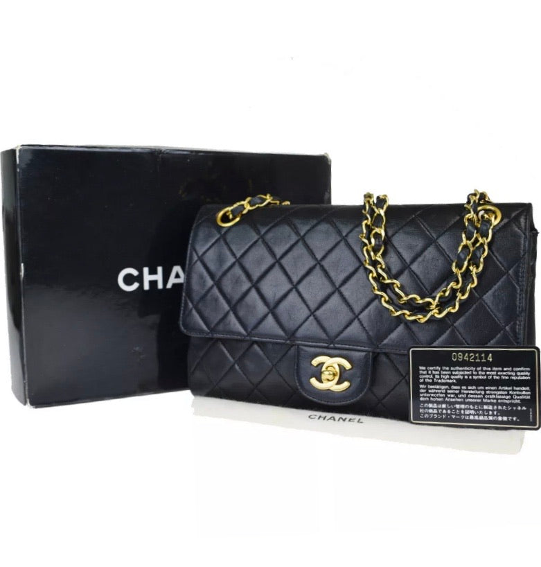 CHANEL Black Double Flap Matelasse Lambskin Leather Shoulder Handbag