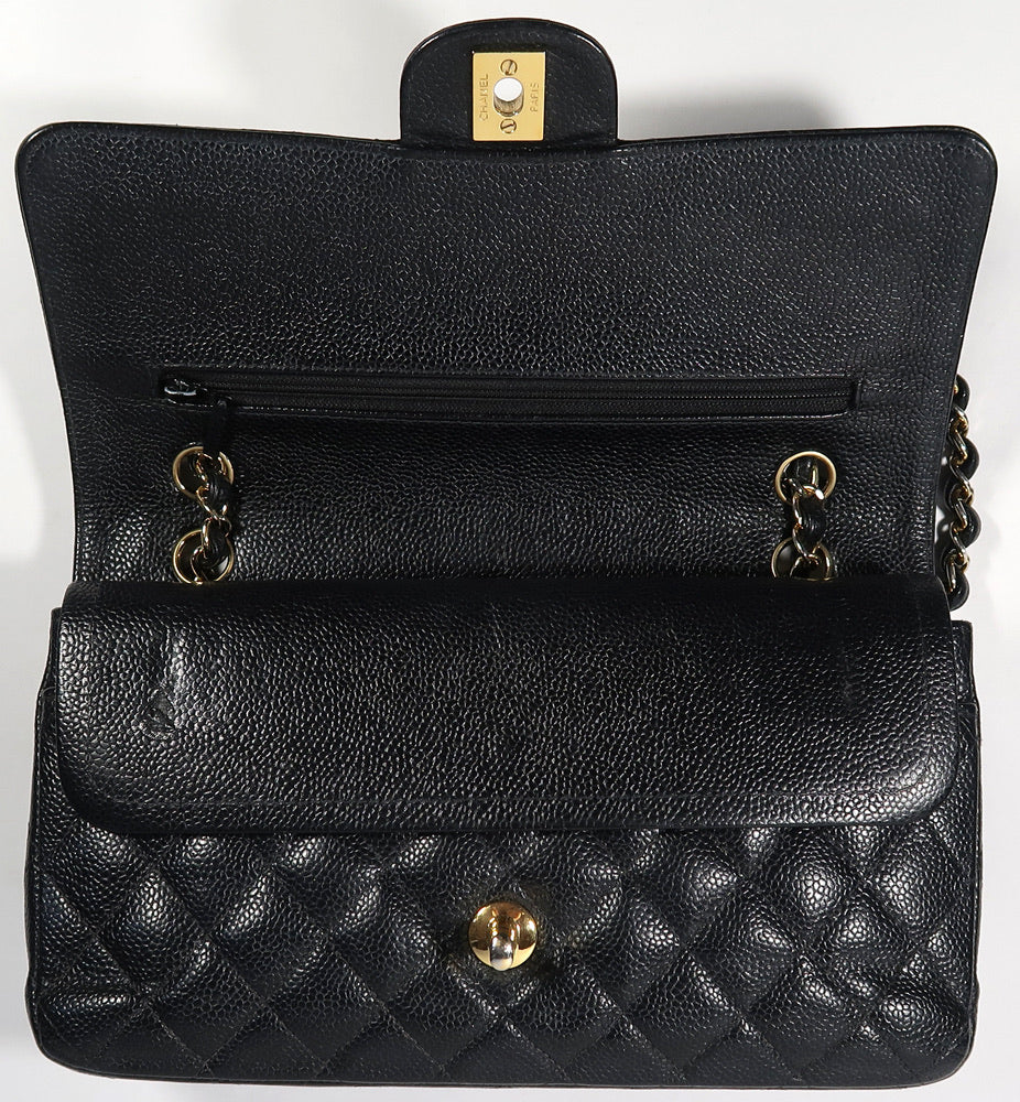 CHANEL Black Caviar Leather Gold Hardware Double Flap Bag