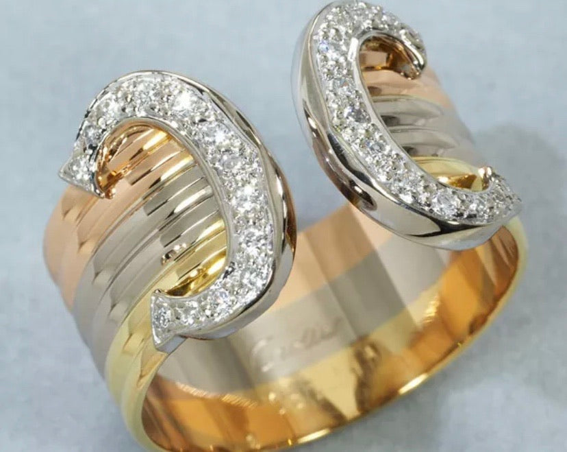 Cartier 2C Diamond 18KT Tri-Color Gold Ring #58