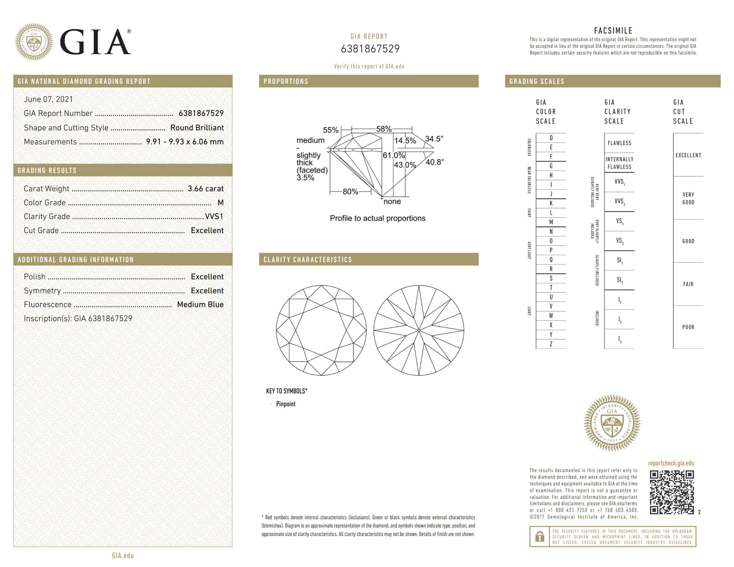 GIA Certified 3.66 Carat (ct) Natural VVS1 M Loose Diamond