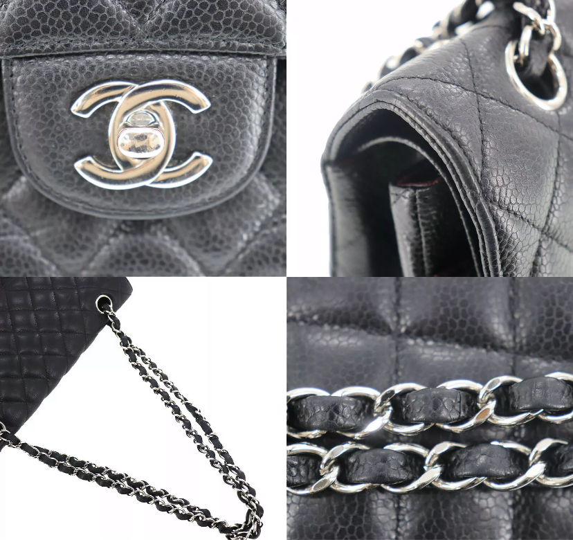 CHANEL Black Caviar Leather Silver Hardware 25 Double Flap Handbag
