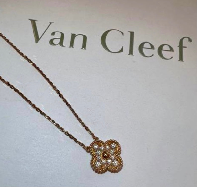 Van Cleef & Arpels Diamond-Paved Rose Gold Vintage Alhambra Necklace