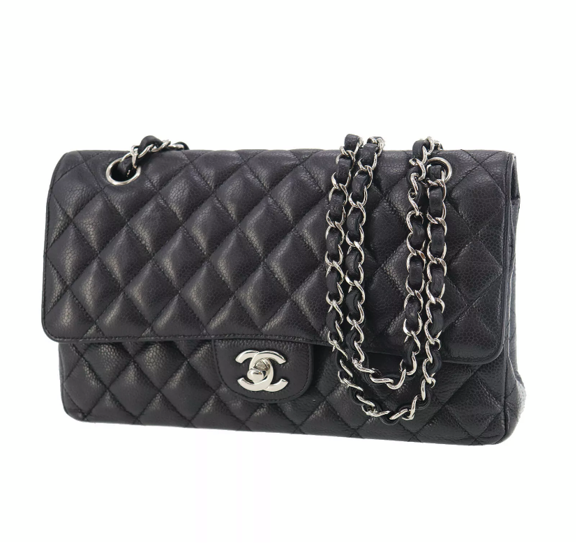 CHANEL Black Caviar Leather Silver Hardware 25 Double Flap Handbag