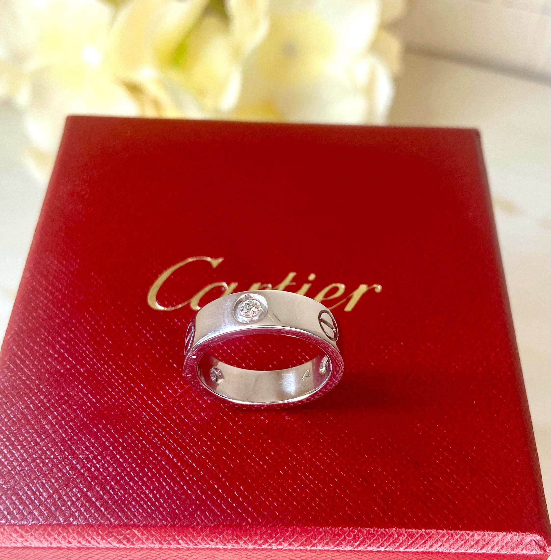 Cartier 3 Diamond 18Kt White Gold Love Ring Size 52/ US 6
