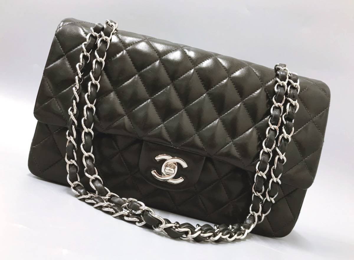 CHANEL CC Black Lambskin Double Flap Silver Hrdware Quilted Handbag