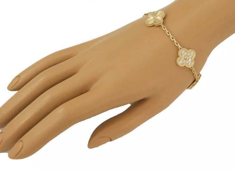 Van Cleef & Arpels Diamond-Paved Guilloche Vintage Alhambra 18Kt Gold Bracelet