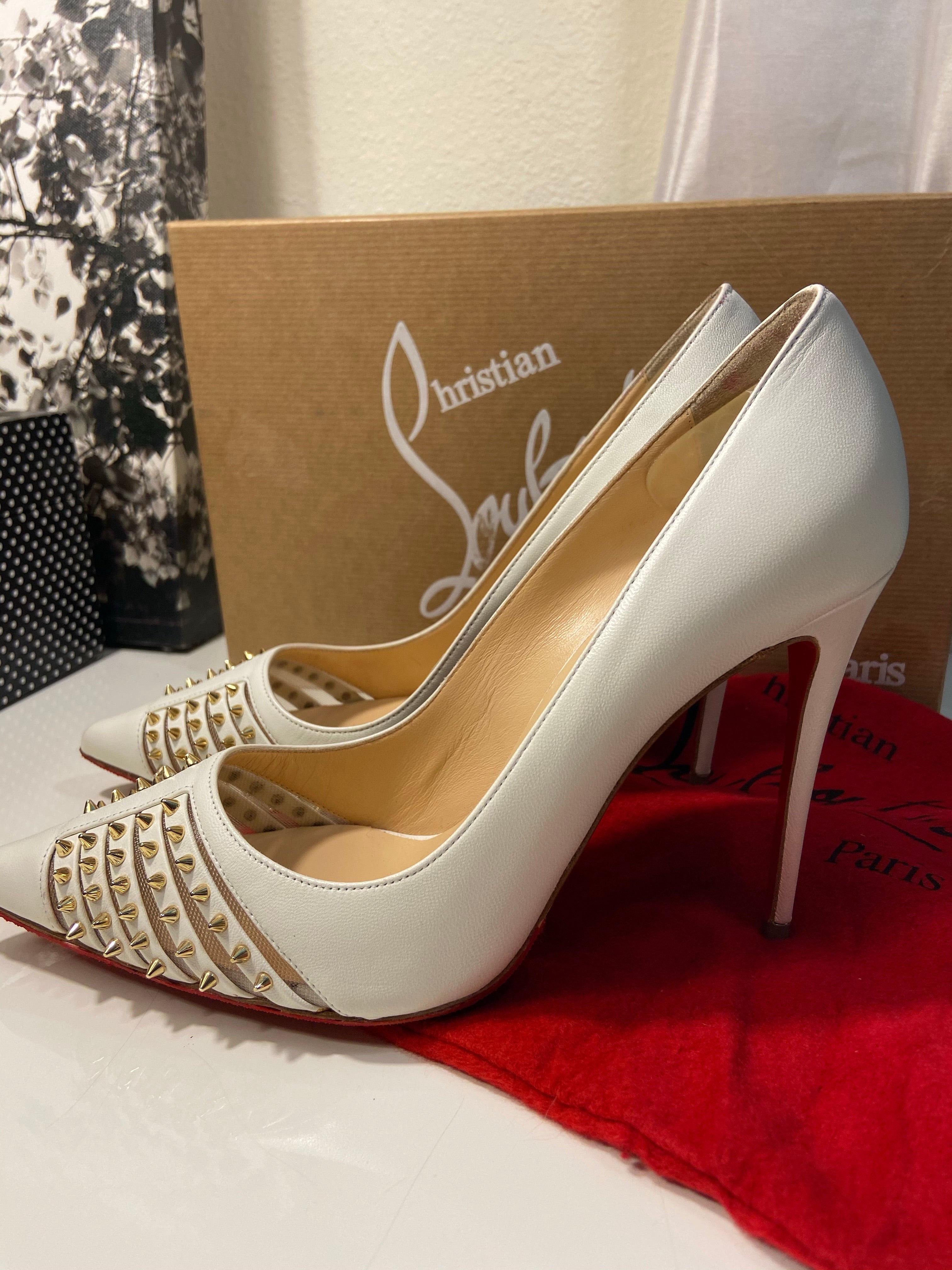 Christian Louboutin Red Bottom White Leather Spiked Heels Pumps