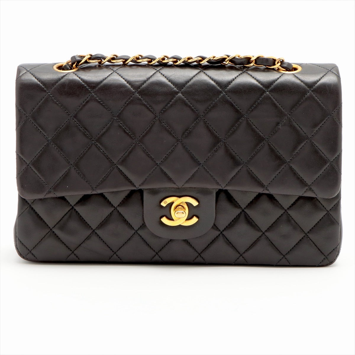 CHANEL Black Lambskin Leather 25cm Double Flap Bag w/ 24KT Gold Hardware