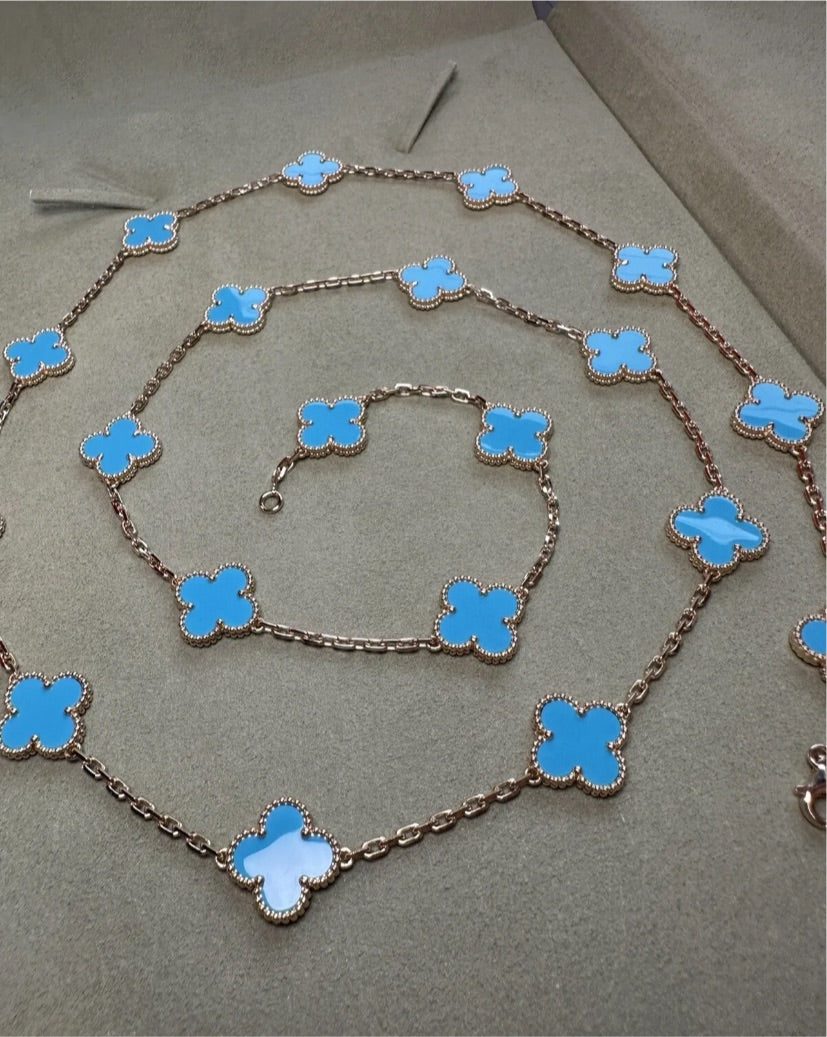 Van Cleef & Arpels Turquoise 18KT Yellow Gold Vintage Alhambra 20-Motif Necklace