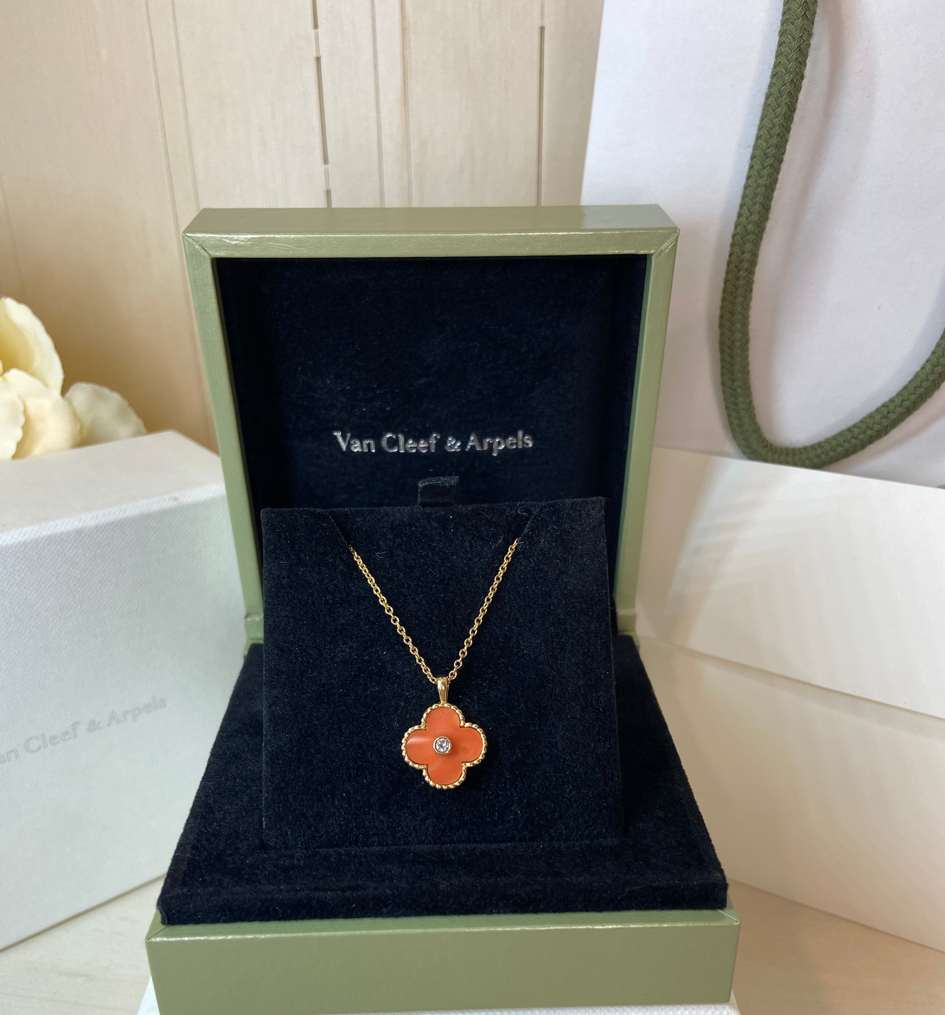 Rare Van Cleef & Arpels Coral Diamond Alhambra 18Kt Yellow Gold Necklace
