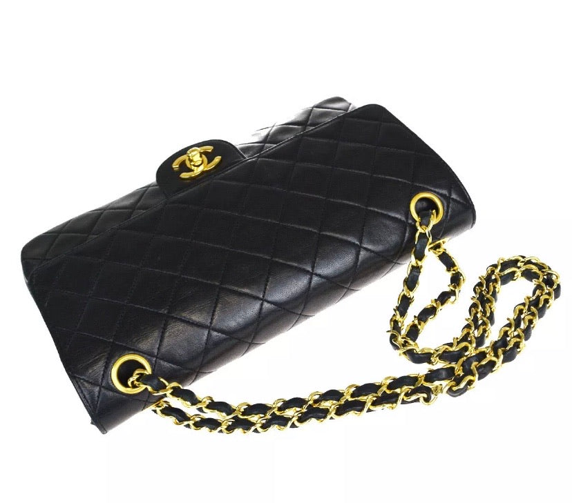 CHANEL Black Double Flap Matelasse Lambskin Leather Shoulder Handbag