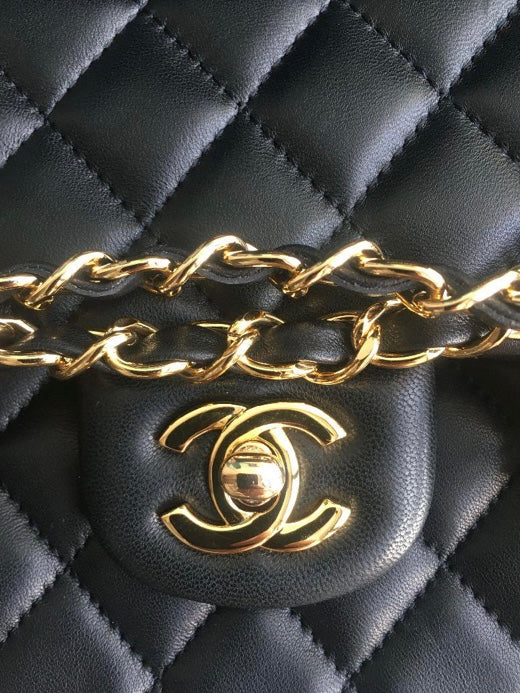 CHANEL Black Quilted Lambskin Double Flap Shoulder Handbag