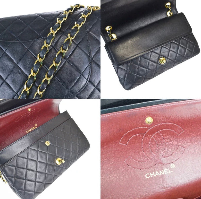 CHANEL Black Double Flap Matelasse Lambskin Leather Shoulder Handbag