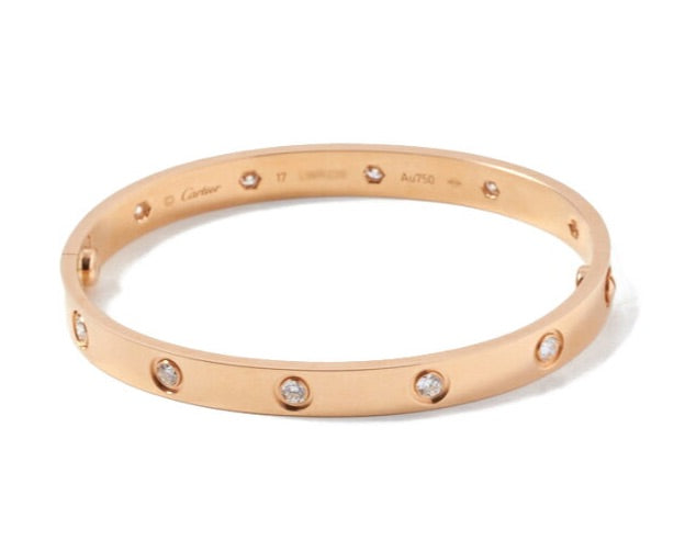 Cartier 10 Full Diamond 18KT Rose Gold Love Bracelet, Size 17