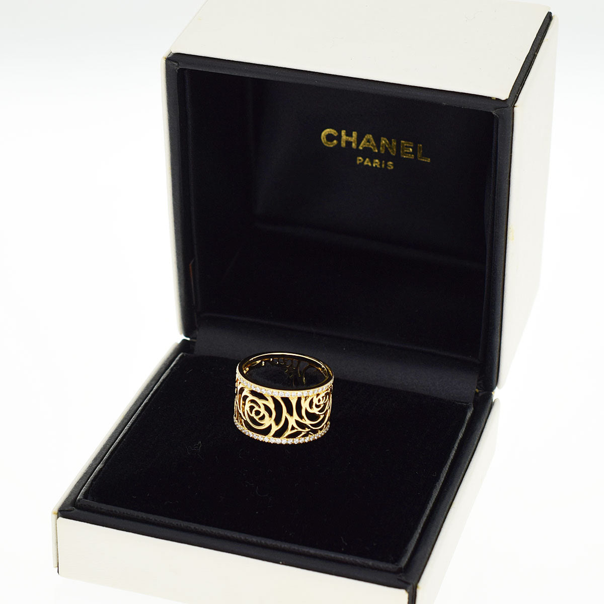 CHANEL Camellia Diamond Flowers Wide Gold Ring Size 7