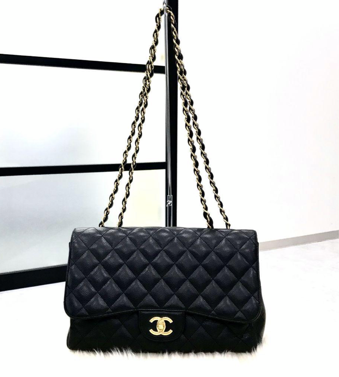 CHANEL Black Caviar Gold Hardware Jumbo Flap Bag