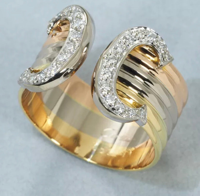 Cartier 2C Diamond 18KT Tri-Color Gold Ring #58