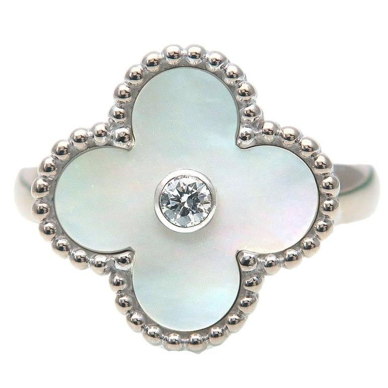 Van Cleef & Arpels Diamond Mother of Pearl Alhambra Ring Size 51/ US 5.5